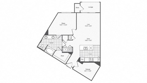 Floor plan for 1 bed, 1 bath, 938 sqft